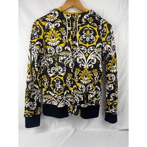 Empyre Womens Snow Fleece Hoodie Yellow Black Baroque Damask Full Zip Size M